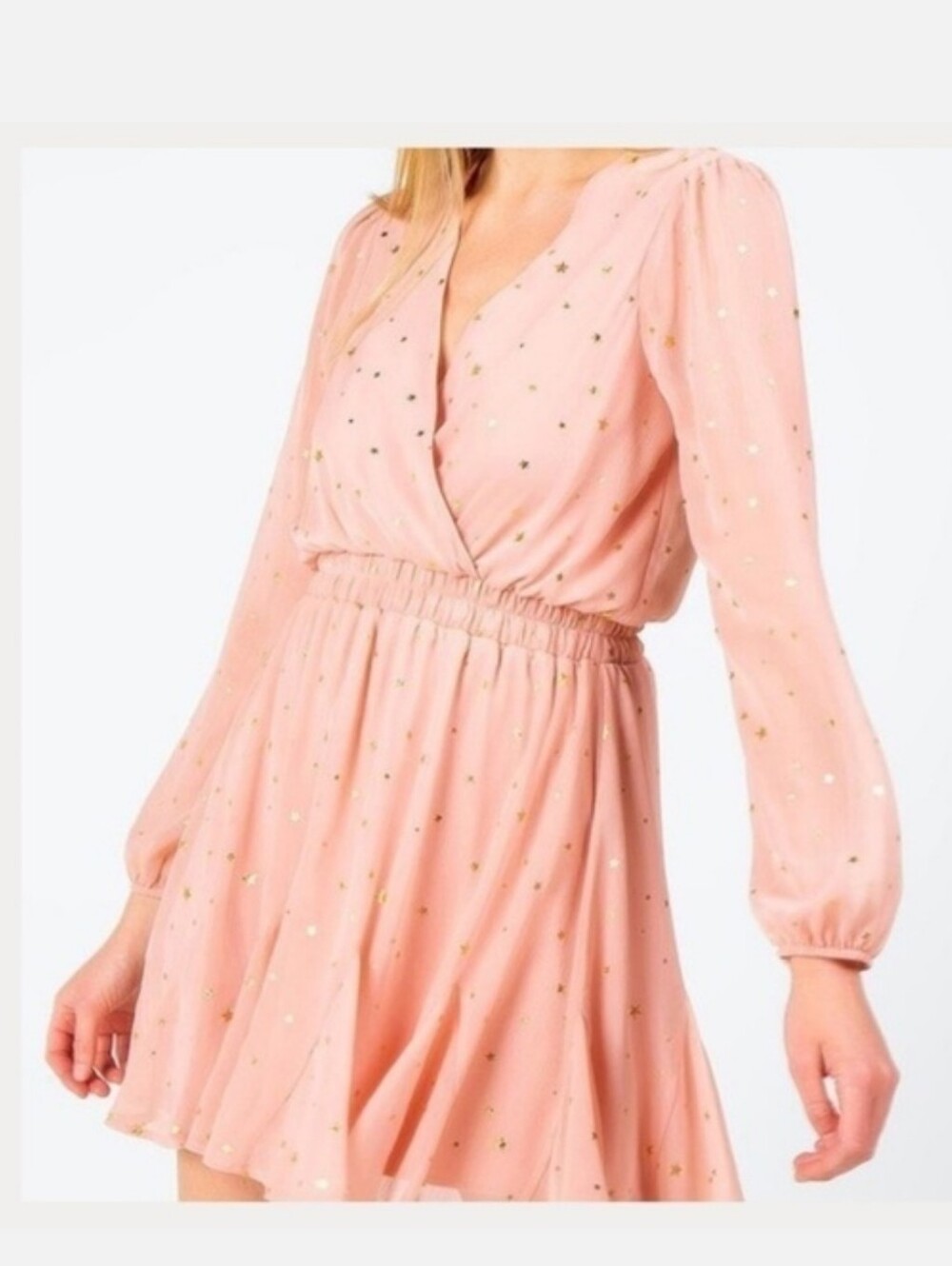 Francesca's Kailynn Mi Ami Gold Star Godet Mini Dress Long Sleeve Sz XS**